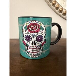 TMD Holdings Day of the Dead Sugar Skull Teal Coffee Mug Glitter Floral Ceramic